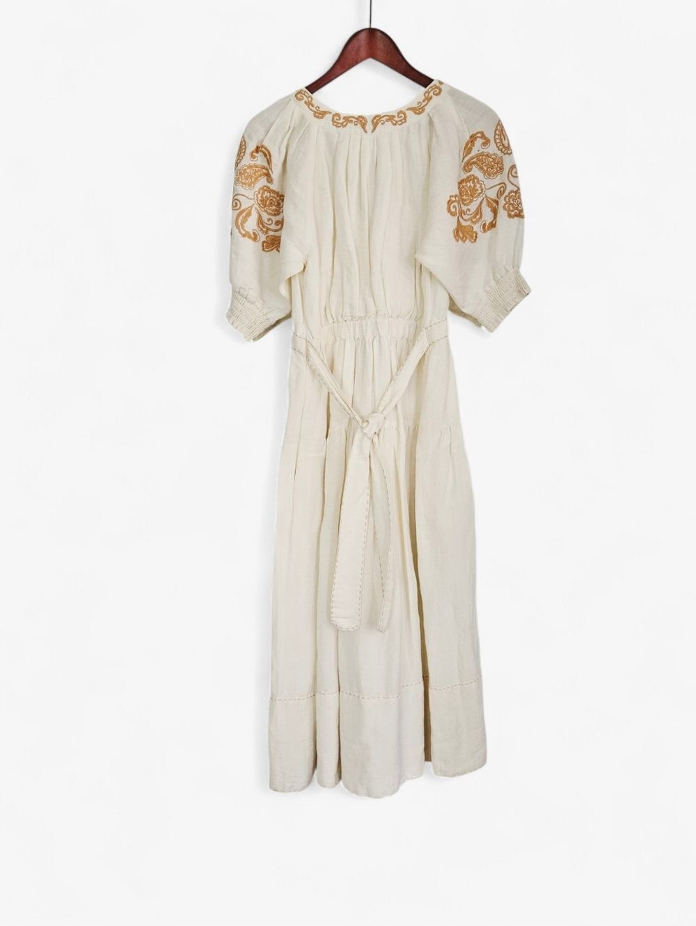 Cartolina Lizette Linen Blend Embroidered Belted Puff Sleeve Ivory Midi Dress M - Picture 6 of 16